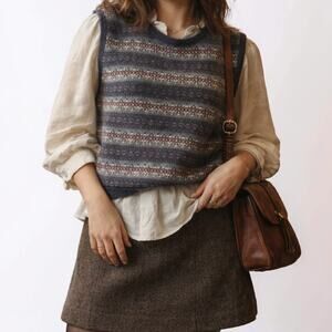 Vintage Pendleton Fair Isle Wool Sweater Vest Gray Red Nordic Knit Medium USA